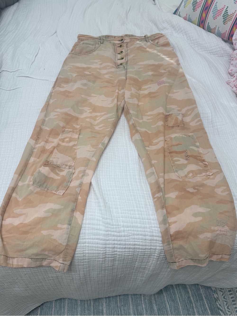 Peach Camo Patchwork Wide-Leg Pants - cropped.